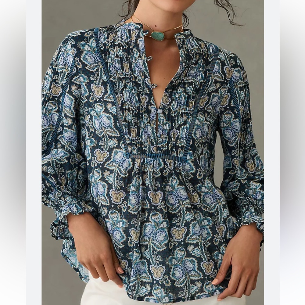 Anthropologie Blue Floral Pintuck Peasant Blouse